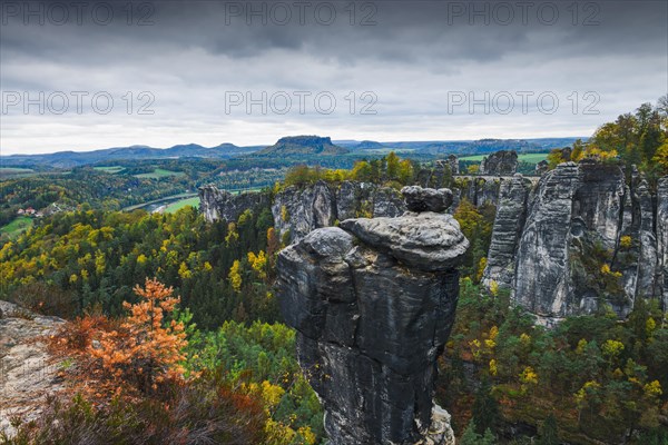 View from the rock Grosse Gans towards the Bastei with rock Wehlnadel