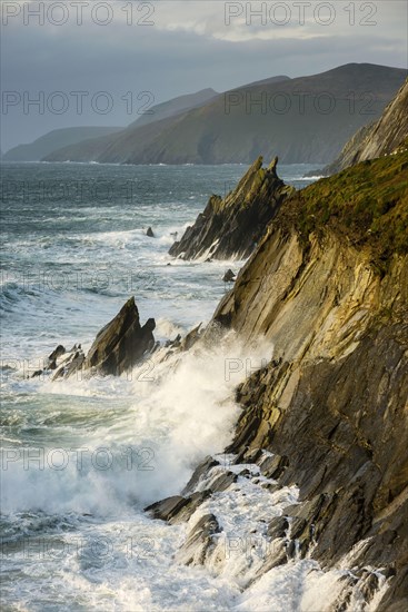 View of swell waves breaking and crashing against cliff at dawn