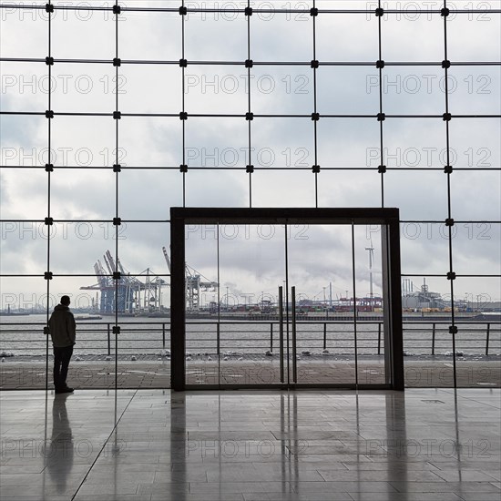 Young man standing in front of modern glass facade with large door and looking at the harbour