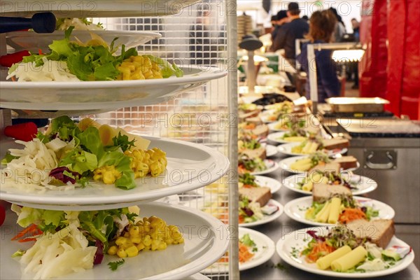 Stacked plates of mixed salad with sliced cheese and sprouts