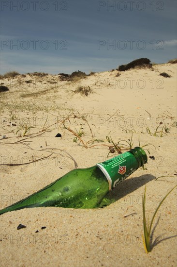 Glass beer bottle discarded on sandy beach