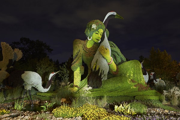 Light painting photography of a garden sculpture