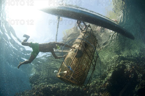 Fisherman carrying fish basket on fishing boat