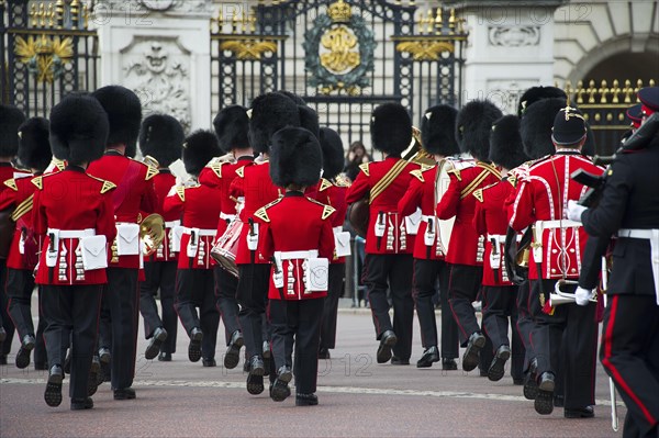 Band of Welsh Guardsmen in ceremonial uniforms