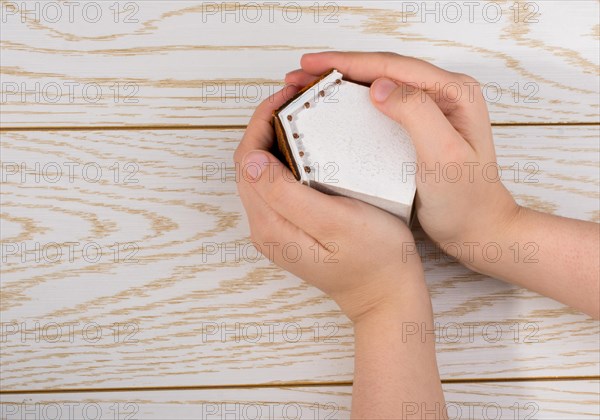 Little model housein hand on a parquet background