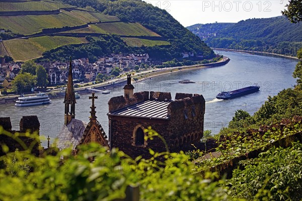 View over Rheinstein Castle to the Rhine and the village of Ruedesheim-Assmannshausen