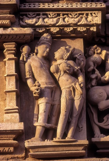 Erotic sculptures on south-west side in Lakshmana temple of the western group of temples in the Khajuraho complex