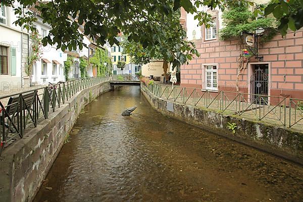 Industrial stream with sculpture Crocodile in the Gerberau