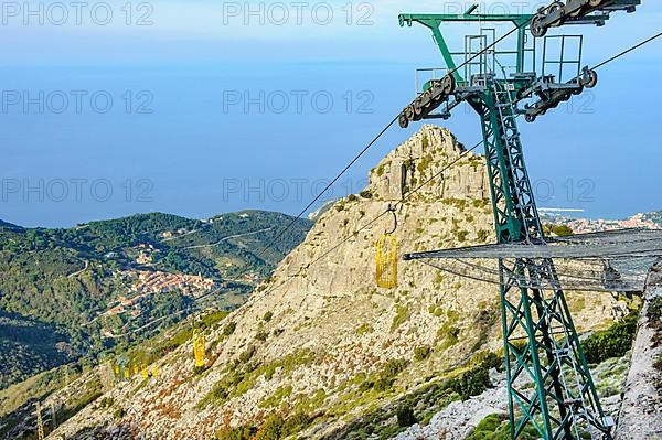 Cable car mast and open gondola Cable car gondola standing gondola of cable car Cabinovia Monte Capanne on mountain Monte Capanne