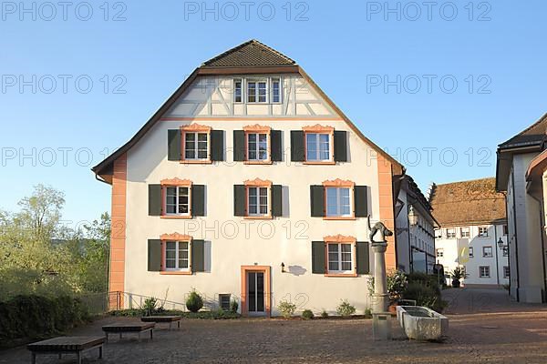 Historic building on the town hall square with Hiddigeigei fountain in Bad Saeckingen