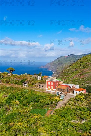 Houses in the village of El Tablado and cliffs on the Atlantic Ocean