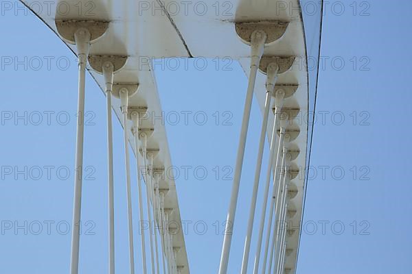 Detail of the modern steel structure with struts and fork heads of the Pont Beatus Rhenanus tram bridge over the Rhine near Kehl