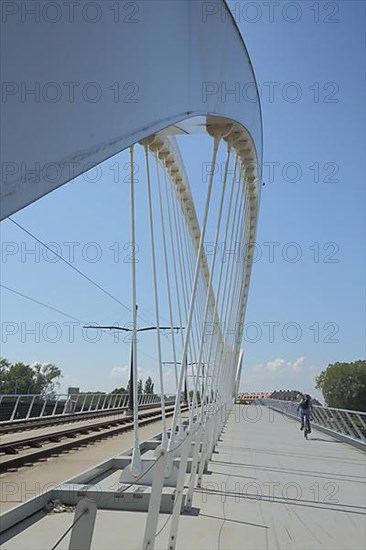 Modern steel structure with struts of the Pont Beatus Rhenanus tram bridge over the Rhine near Kehl