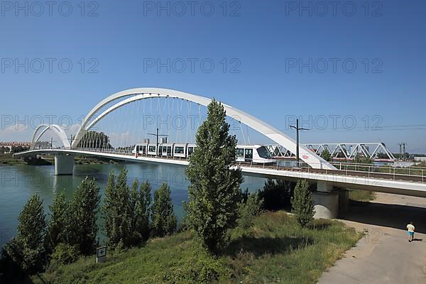 Pont Beatus Rhenanus tram bridge with tram over the Rhine in Kehl