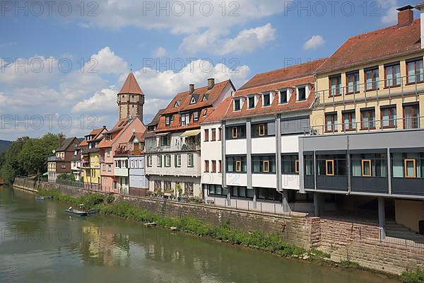 Tauber bank with half-timbered houses and Spitzer Tower