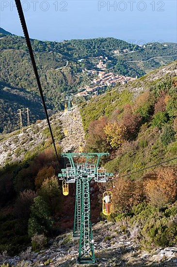 Cable car Cabinovia Monte Capanne with open standing gondola on Monte Capanne mountain