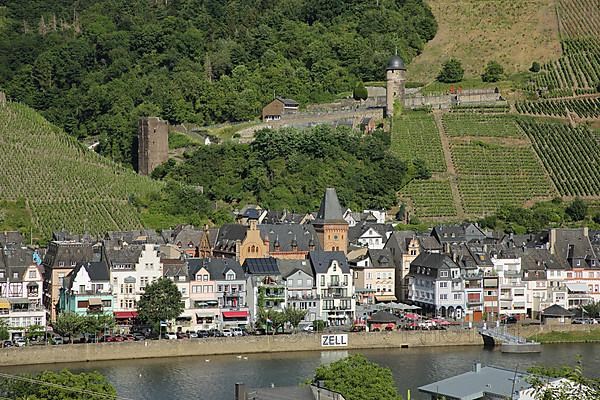 View of Zell with wine-growing area Zeller Schwarze Katz on the Lower Moselle