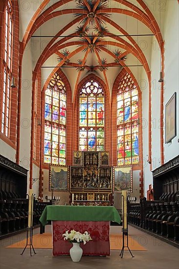Chancel with high altar and high altar of the late Gothic pilgrimage church Maria Heimsuchung in Klausen