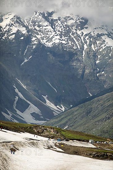 Rohtang Pass covered with snowfields in the Himalayas