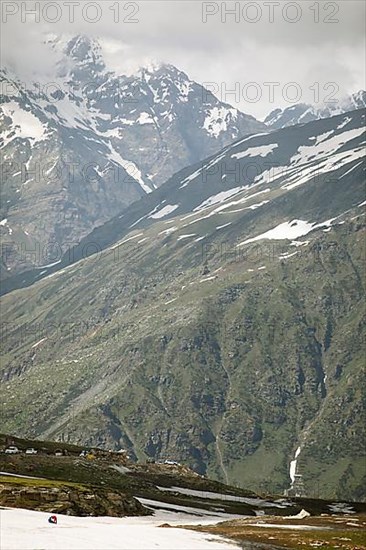 Rohtang Pass covered with snowfields in the Himalayas