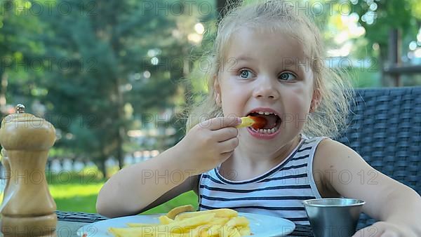 Little girl eat french fries. Close-up of blonde girl takes potato chips with her hands and tries them sitting in street cafe on the park. Odessa