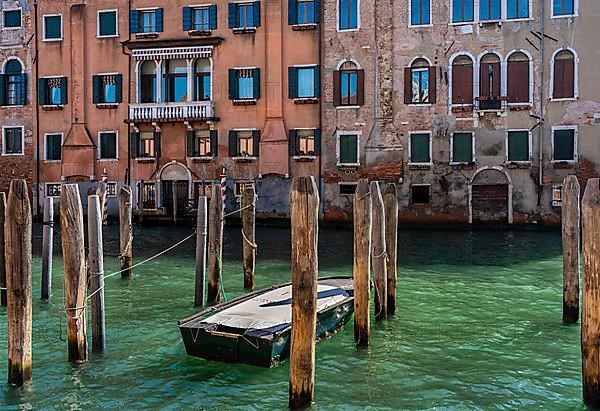 Wooden pegs for anchoring in the canals of the lagoon city of Venice