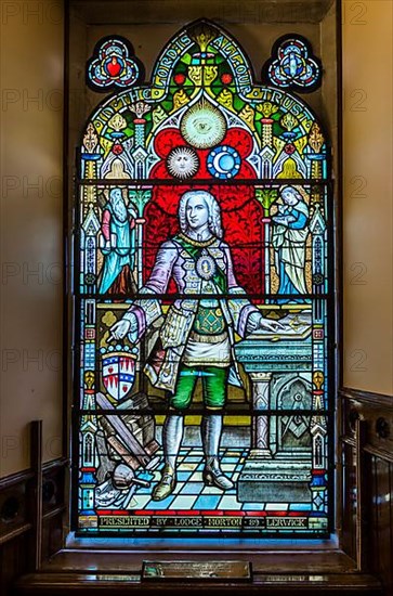 Leaded glass in the Town Hall showing Charles Sholto