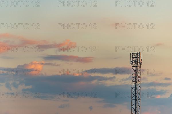 Telecom antenna in countryside in summer at sunset. Alsace