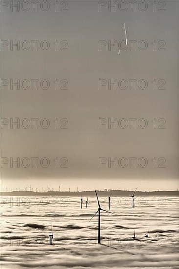 Wind turbines rising from cloud cover