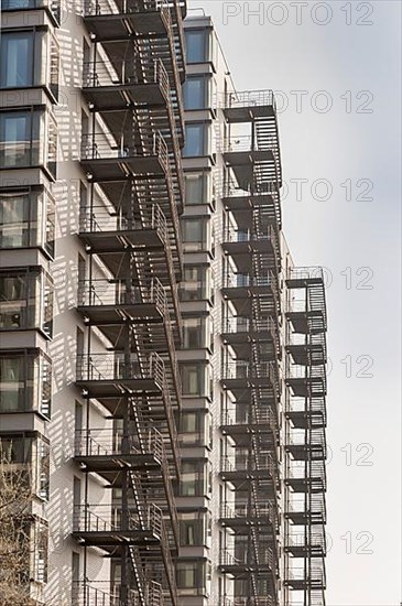 Steel fire escape stairs on modern office buildings