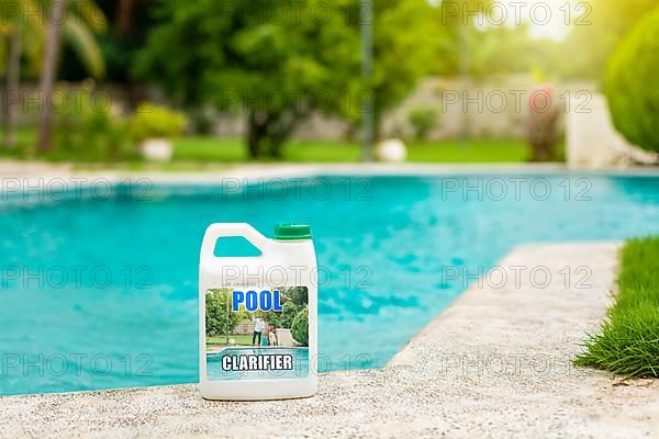 Concept of chemical products to purify swimming pools. Swimming pool clarifier