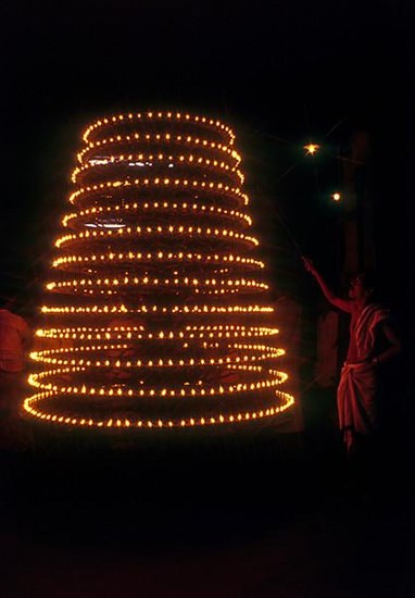 Big temple lamp in India. The 1000 wich oil lamp in the Chettikulangara Bhagavathi temple in the Alappuzha district of Kerala