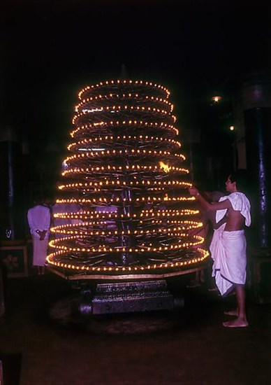 Big temple lamp in India. The 1000 wich oil lamp in the Chettikulangara Bhagavathi temple in the Alappuzha district of Kerala