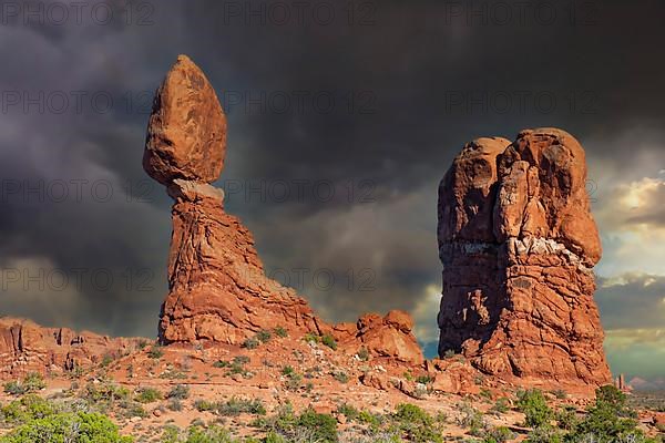 Balanced Rock at sunset and approaching thunderstorm