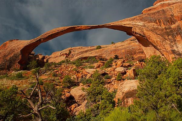 Landscape Arch at sunrise and approaching thunderstorm