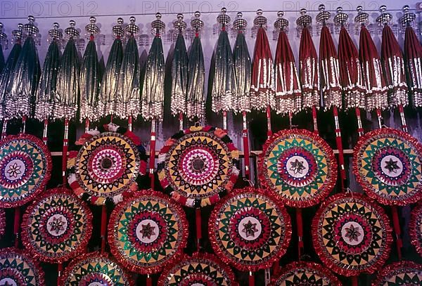 Display or samayam of Pooram festival caparisons in Thrissur or Trichur