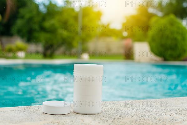 Chlorine tablets kit in the edge of a swimming pool