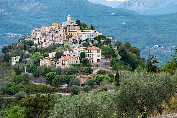 View of small old mountain village on hill in southern France La Roquette-sur-Var