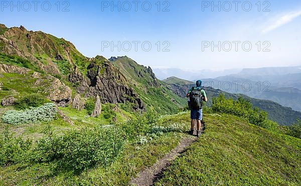 Hikers on trail on Tindfjoell ridge