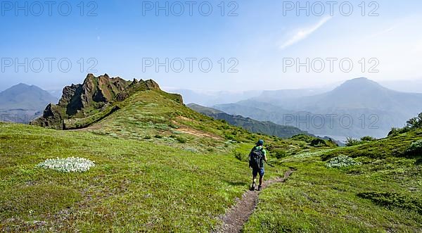 Hikers on trail on Tindfjoell ridge