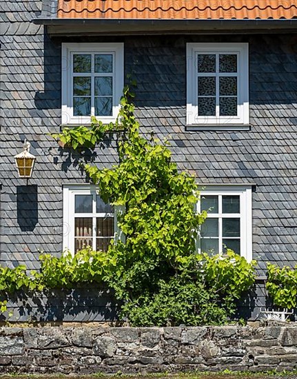 Facade covered with slate shingles of a former restaurant at the Auerhahnteich