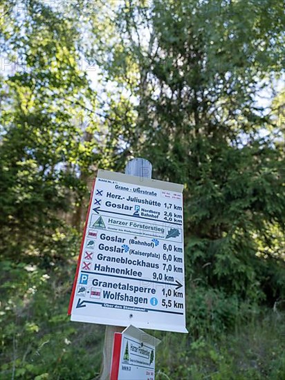 Hiking signpost on the bank of the Granetalsperre