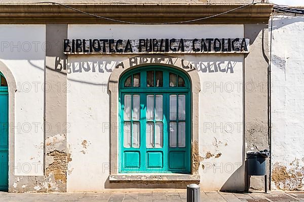 Entrance to public catholic library in Arrecife