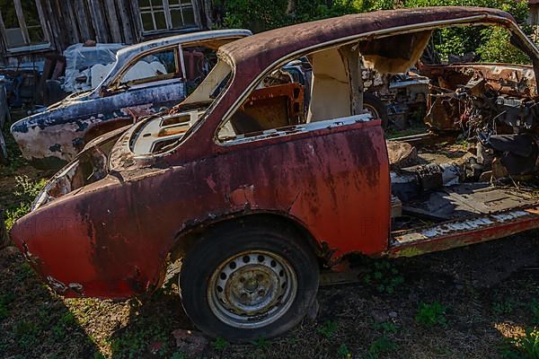 Old cars rolled for scrapping in a meadow. Alsace