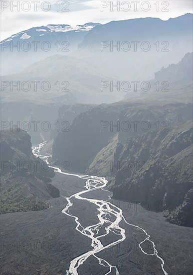 View into mountain valley with river Hvanna