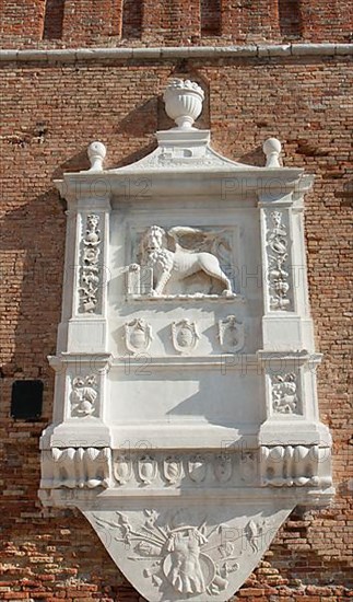 Detail on wall of Military marine museum in historical building of Arsenal