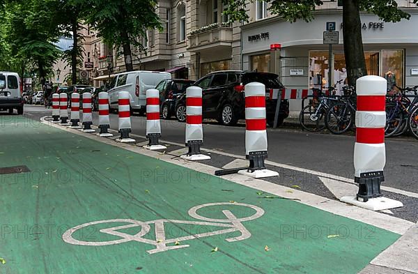 Bicycle lane with green marking and safety bollards