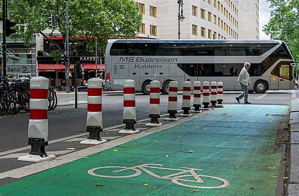 Bicycle lane with green marking and safety bollards