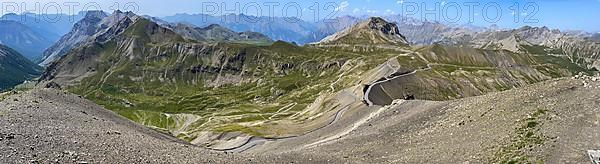 Panoramic view from Cime de la Bonette to the northeast on high alpine mountain landscape