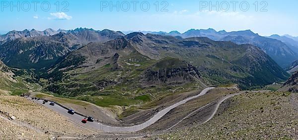 Panoramic view from Cime de la Bonette to the south on high alpine mountain landscape